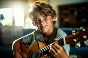 Jeune garçon apprentissage guitare dans le sien pièce photo avec vide espace pour texte