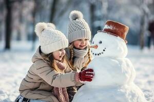 des gamins fabrication une bonhomme de neige dans hiver photo avec vide espace pour texte