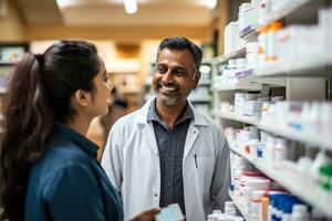 Indien pharmacien expliquant des médicaments à une client photo avec vide espace pour texte