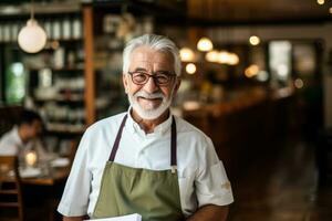 mature retraité Sénior travail dans restaurant photo avec vide espace pour texte
