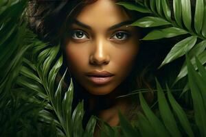 Jeune beauté dans tropical feuilles sur le Contexte photo