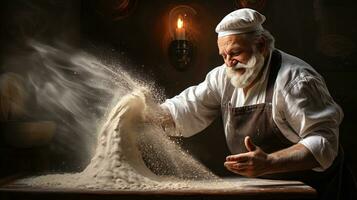 génératif ai, vieux homme mains de boulanger dans restaurant ou Accueil cuisine, prépare écologiquement Naturel des pâtisseries. photo