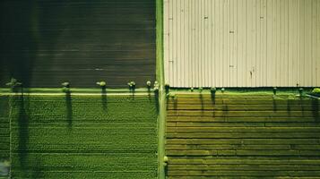 génératif ai, ferme paysage, agricole des champs, magnifique campagne, pays route. la nature illustration, photoréaliste Haut vue drone, horizontal bannière. photo