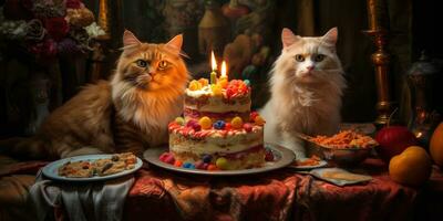 génératif ai, chat anniversaire faire la fête, gâteau avec une bougies photo