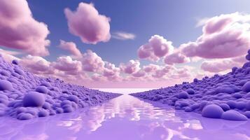 génératif ai, violet, numérique lavande Couleur fantastique 3d des nuages sur le sol, ciel et paysage. doux couleurs et avec brillant lumières. photo