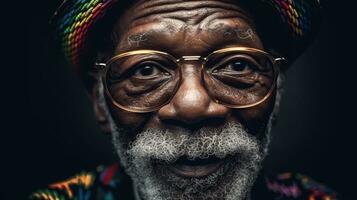 génératif ai, africain américain marrant content vieux retraite homme fermer portrait, portant des lunettes et moderne à la mode vêtements photo