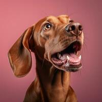 génératif ai, portrait de une content chien à la recherche à le caméra avec bouche ouvert sur rose Contexte photo