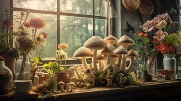 génératif ai, pièce plein de beaucoup différent champignons avec fenêtre photo