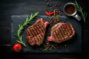 tranché grillé Viande steak avec épices Romarin et poivre sur noir marbre planche photo