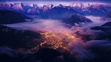 paysage avec alpin Montagne vallée et étoilé ciel, dolomites, Italie. génératif ai photo