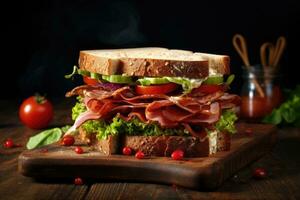 sandwich avec prosciutto, tomate et salade sur une en bois rustique Contexte. photo