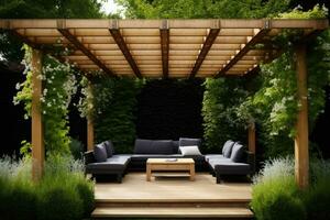 en bois pergola pour jardin sièges. génératif ai photo