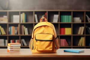 école sac sur bureau. retour à école concept photo