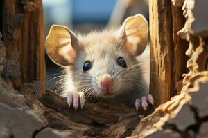 Souris regards en dehors de une trou, une rongeur dans une champ. génératif ai photo