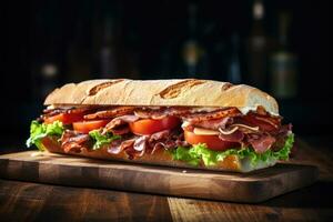 sandwich avec prosciutto, tomate et fromage sur une en bois rustique Contexte. photo
