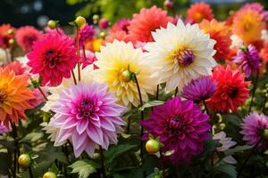 plein Floraison fermer magnifique dahlia fleurs dans le jardin photo