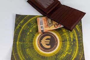 Billets de 50 euros avec symbole monétaire et portefeuille photo