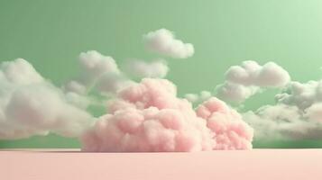 génératif ai, rose et vert fantastique 3d des nuages sur le sol, ciel et paysage. doux couleurs et avec brillant lumières. photo