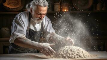 génératif ai, vieux homme mains de boulanger dans restaurant ou Accueil cuisine, prépare écologiquement Naturel des pâtisseries. photo