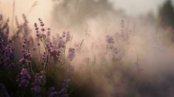 génératif ai, proche en haut croissance lavande champ avec parfum fumée, floraison lavande, rose violet fleurs et herbe. photo