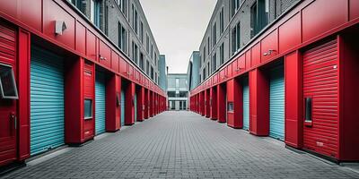 génératif ai, mini coloré métal soi espace de rangement installations de location unités, entrepôt extérieur, industrie garage bâtiment. photo