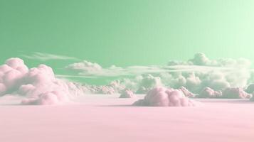 génératif ai, rose et vert fantastique 3d des nuages sur le sol, ciel et paysage. doux couleurs et avec brillant lumières. photo