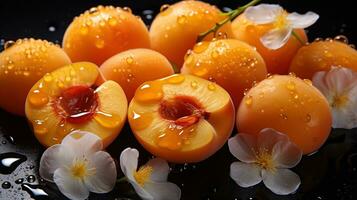 génératif ai, brillant tranche de juteux mûr abricot et l'eau gouttes, macro de été fruit photo