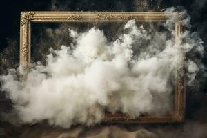 génératif ai, blanc poudre éclaboussure et fumée autour vide ancien magnifique Cadre. photo