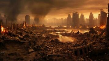 génératif ai, destruction dans le ville, brûlé ville rue avec non vie, apocalyptique scène photo