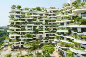 futuriste bâtiment. moderne architecture avec vert les plantes. génératif ai photo