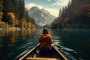 femme est voile sur bateau sur Lac dans magnifique Montagne paysage. génératif ai photo