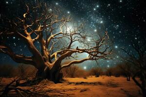 solitaire séché arbre dans désert paysage à étoilé nuit. génératif ai photo