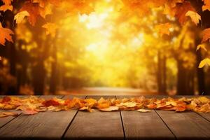 l'automne Contexte avec en bois table et coloré tomber feuilles. génératif ai photo