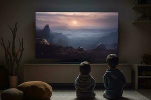 deux garçons séance dans de face de la télé ensemble. les enfants dépendance. génératif ai photo