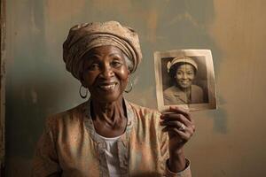 personnes âgées noir femme détient un vieux photographier dans sa mains. génératif ai photo