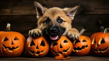 marrant chiot sur le sien retour et élevé le sien pattes en haut mensonges parmi petit Halloween citrouilles photo