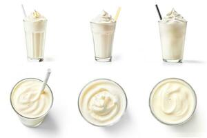 ensemble de vanille milkshakes Haut vue et côté vue isolé sur blanc Contexte photo