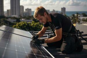une homme installation solaire panneaux sur Haut de une bâtiment ai généré photo