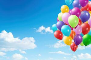 arc en ciel de des ballons dans une clair bleu ciel ai généré photo