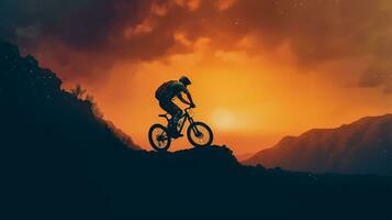 silhouette de une Montagne motard sur une le coucher du soleil Contexte. photo
