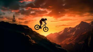 silhouette de une Montagne motard sur une le coucher du soleil Contexte. photo