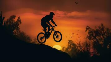 silhouette de une Montagne motard sur une le coucher du soleil Contexte. photo