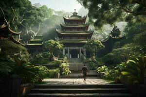 asiatique homme en marchant dans le jardin avec géant pagode dans le Contexte photo
