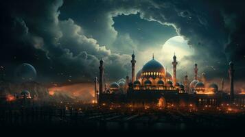 Ramadan kareem Contexte avec mosquée et lune, eid salutations arrière-plan, mosquée nuit vue photo