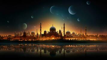 Ramadan kareem Contexte avec mosquée et lune, eid salutations arrière-plan, mosquée nuit vue photo