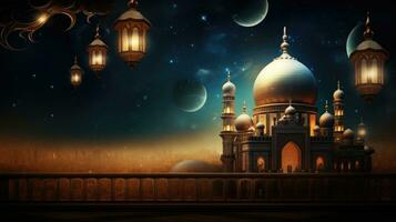 Ramadan kareem Contexte avec mosquée et lune, eid salutations arrière-plan, mosquée nuit vue photo