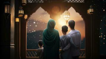 musulman famille vue mosquée. musulman famille eid salutations retour voir, bonjour mubarak photo