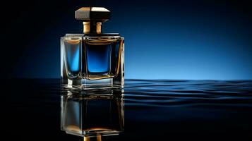 parfum bouteille sur une bleu Contexte photo