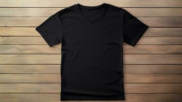 noir T-shirt maquette sur en bois Contexte. photo