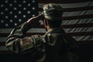 le respect et honneur une captivant retour vue la photographie de militaire saluer le Etats-Unis drapeau, une hommage à patriotisme et sacrifice génératif ai photo